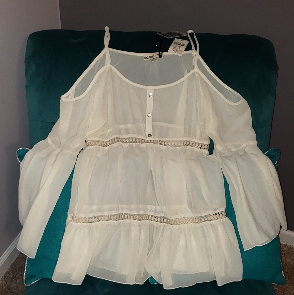 SO RAD Sheer ivory cold shoulder  boho top